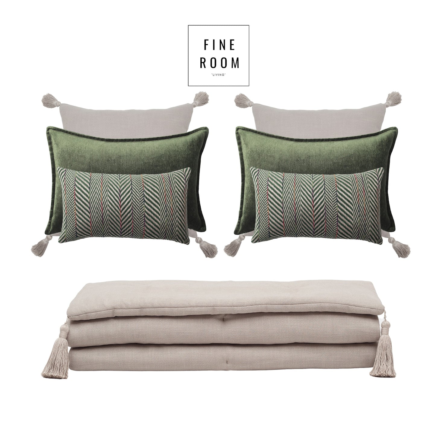 Loom Keten Püsküllü Yatak Runner + 6 Yastıklı Set Eliza Sense - Yeşil