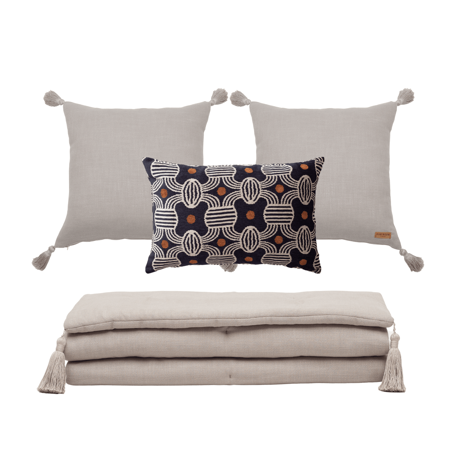 " Obika & Loom " Keten Püsküllü Yatak Runner + 3 Yastıklı Set Yatak Grubu