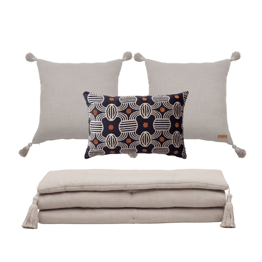" Obika & Loom " Keten Püsküllü Yatak Runner + 3 Yastıklı Set Yatak Grubu
