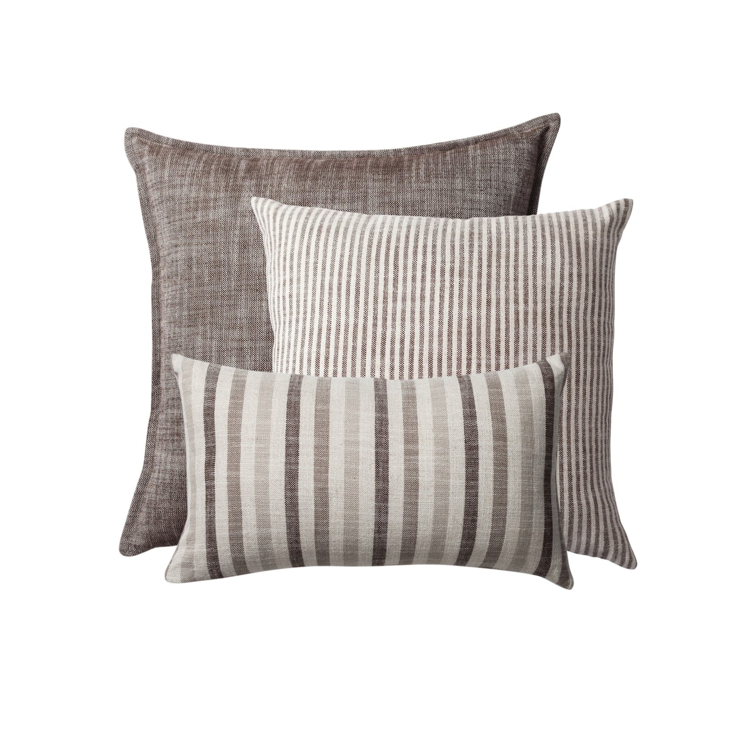 " StripeOnStripe " - Dekoratif Yastık- 3'lü Kombin Set - Kahverengi & Keten Kırlent Set