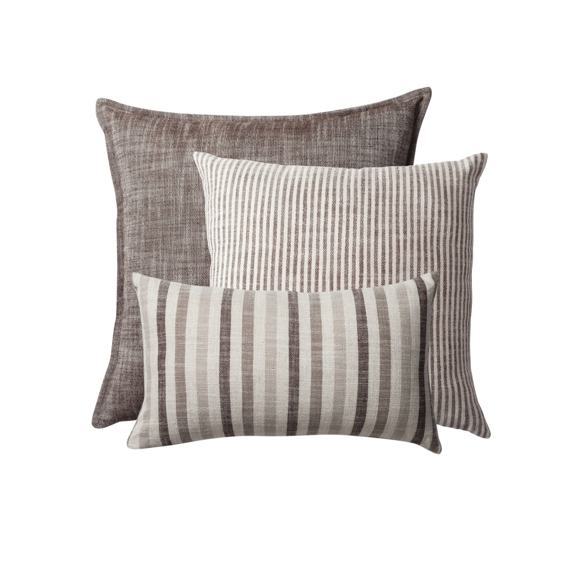 " StripeOnStripe " - Dekoratif Yastık- 3'lü Kombin Set - Kahverengi & Keten Kırlent Set