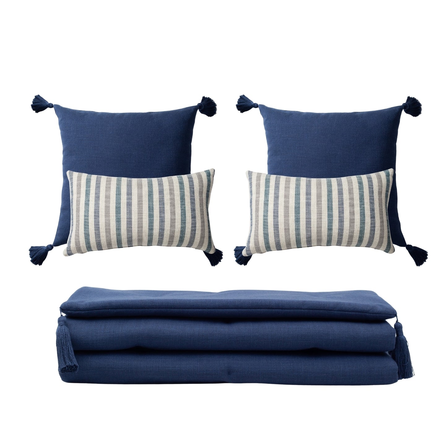 " Loom " Keten Püsküllü Yatak Runner + 4 Yastıklı Set Capri - Lacivert Kırlent Set