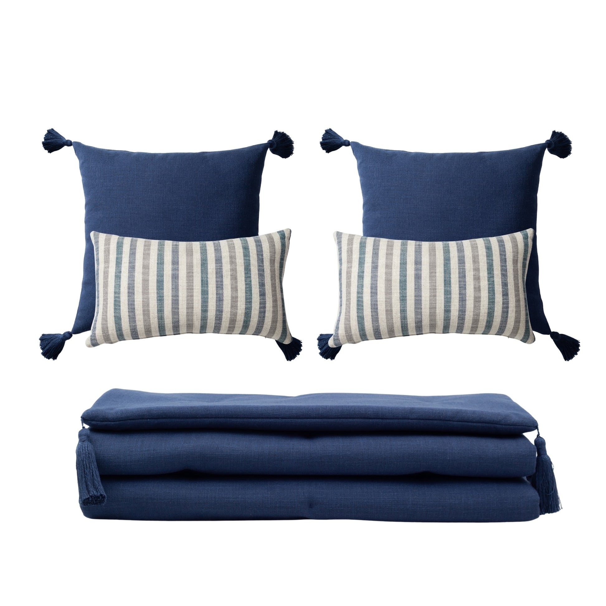 " Loom " Keten Püsküllü Yatak Runner + 4 Yastıklı Set Capri - Lacivert Kırlent Set