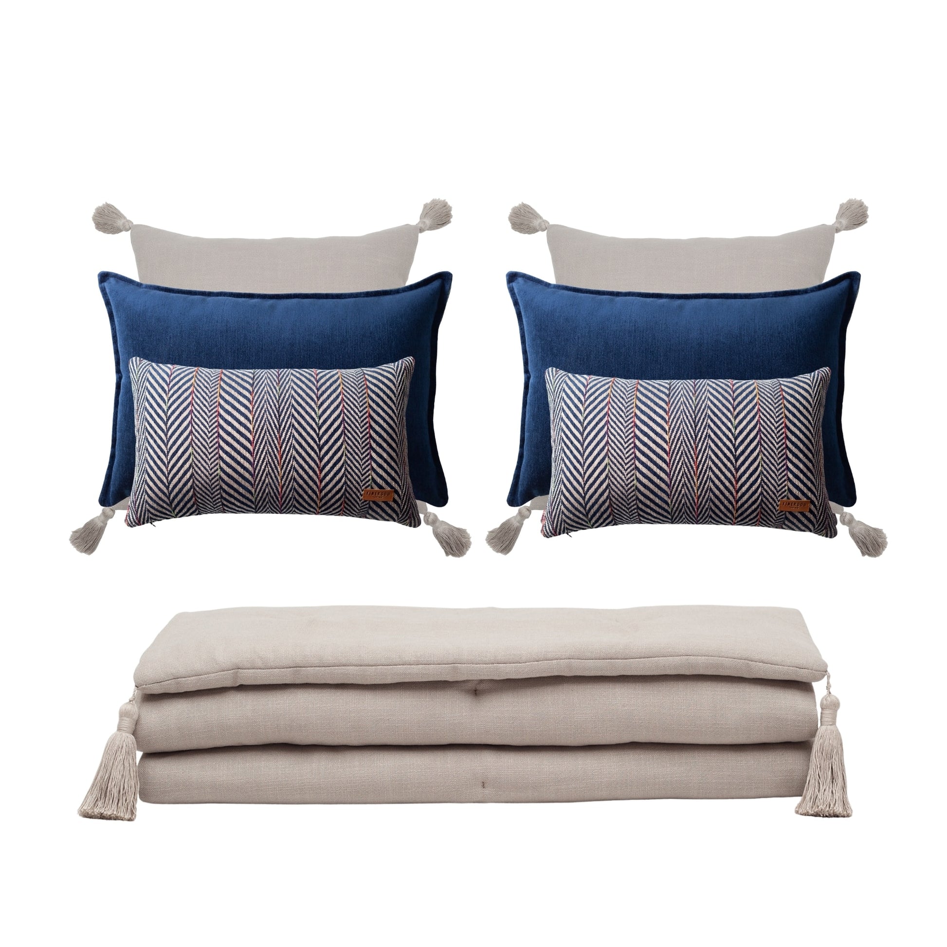 " Loom " Keten Püsküllü Yatak Runner + 6 Yastıklı Set Eliza Sense - Lacivert Kırlent Set