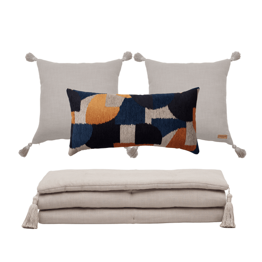 " Otto & Loom " Keten Püsküllü Yatak Runner + 3 Yastıklı Set Yatak Grubu