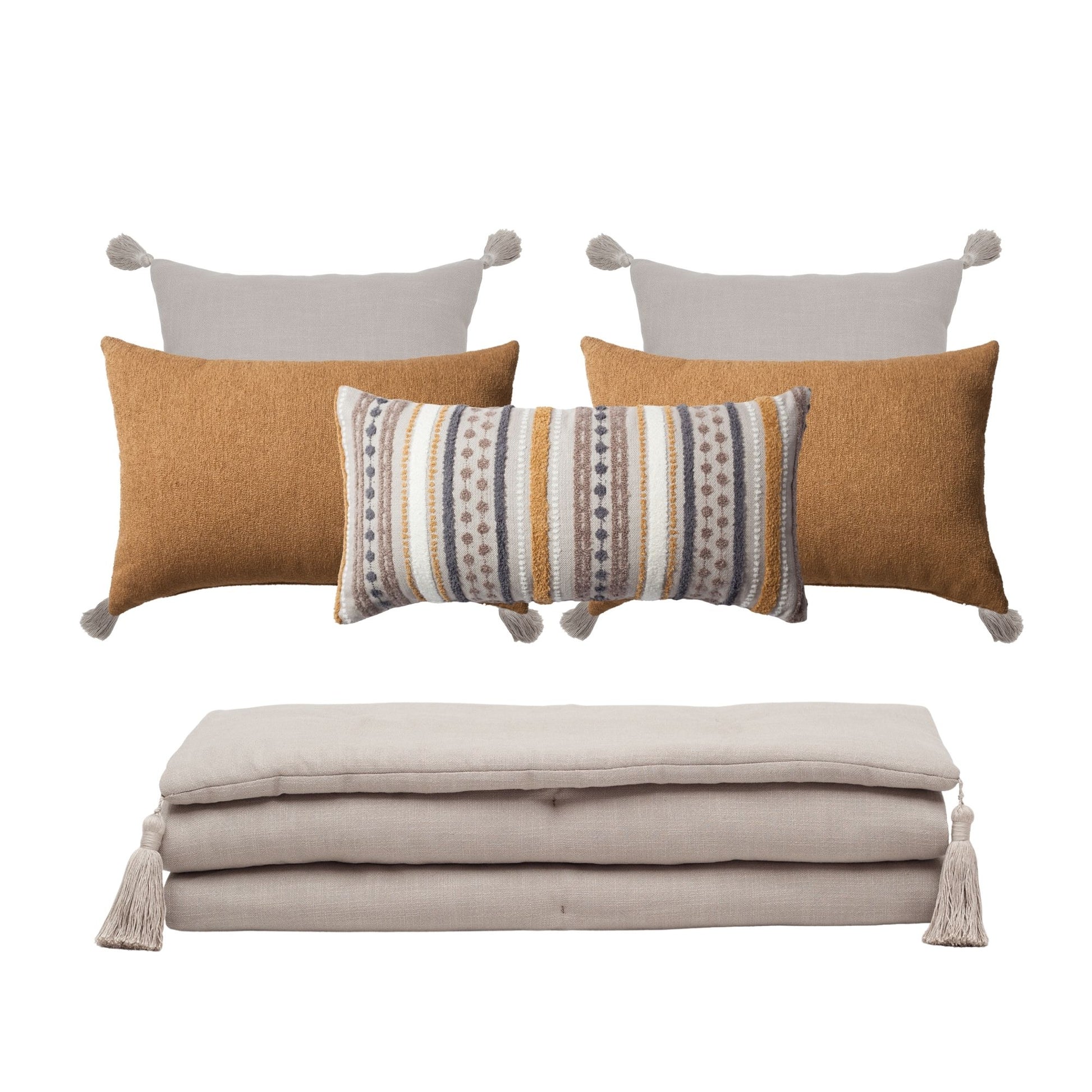 " Loom " Keten Püsküllü Yatak Runner + 5 Yastıklı Set Nomad Julia - Hardal Kırlent Set