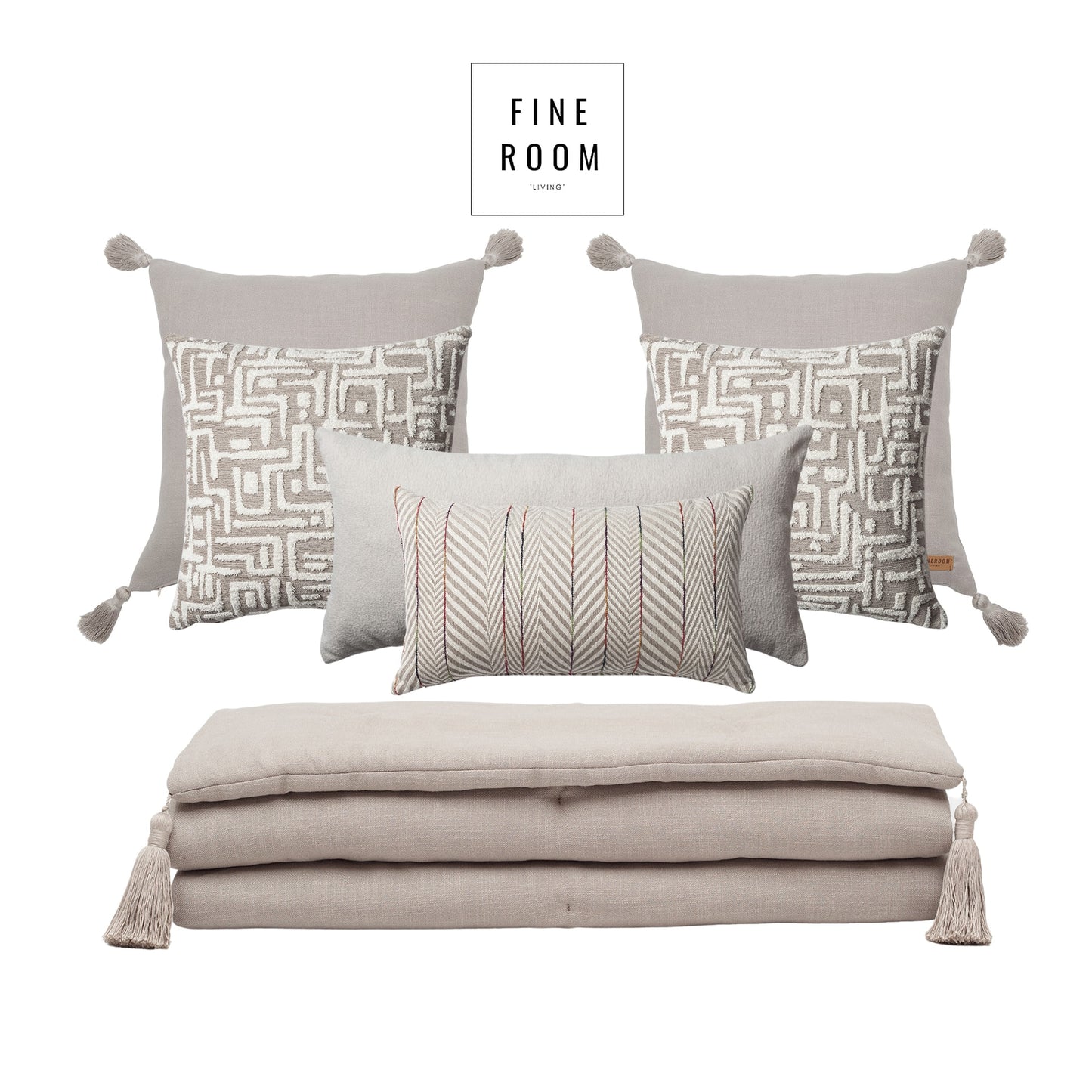 Loom Keten Püsküllü Yatak Runner + 6 Yastıklı Set Gilda Sense