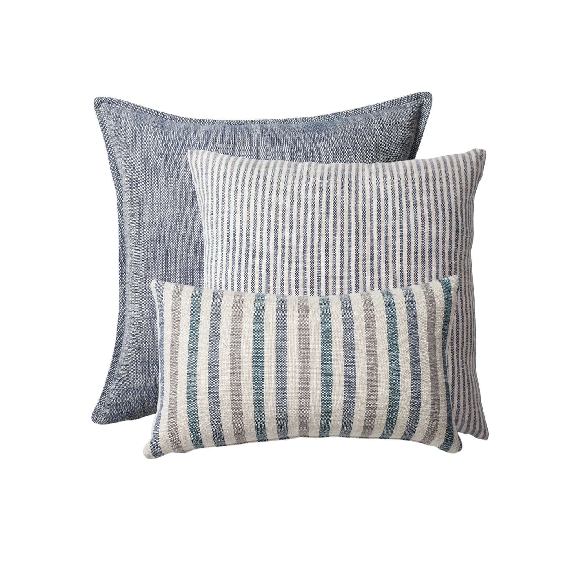 " StripeOnStripe " - Dekoratif Yastık- 3'lü Kombin Set - Mavi & Keten Kırlent Set