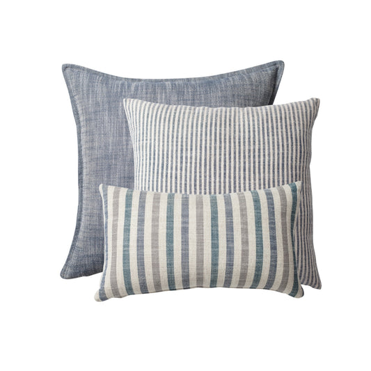 " StripeOnStripe " - Dekoratif Yastık- 3'lü Kombin Set - Mavi & Keten Kırlent Set