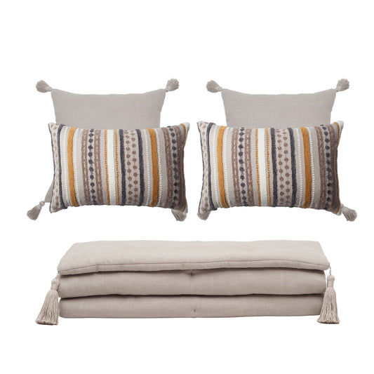 " Loom " Keten Püsküllü Yatak Runner + 4 Yastıklı Set Nomad Yatak Grubu