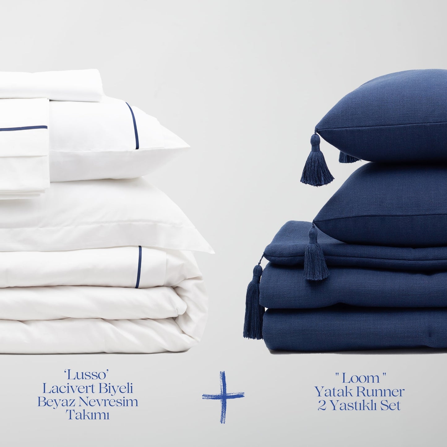 " Lusso & Loom " Nevresim Takımı + Runner 2 Yastıklı Set - Lacivert Yatak Grubu