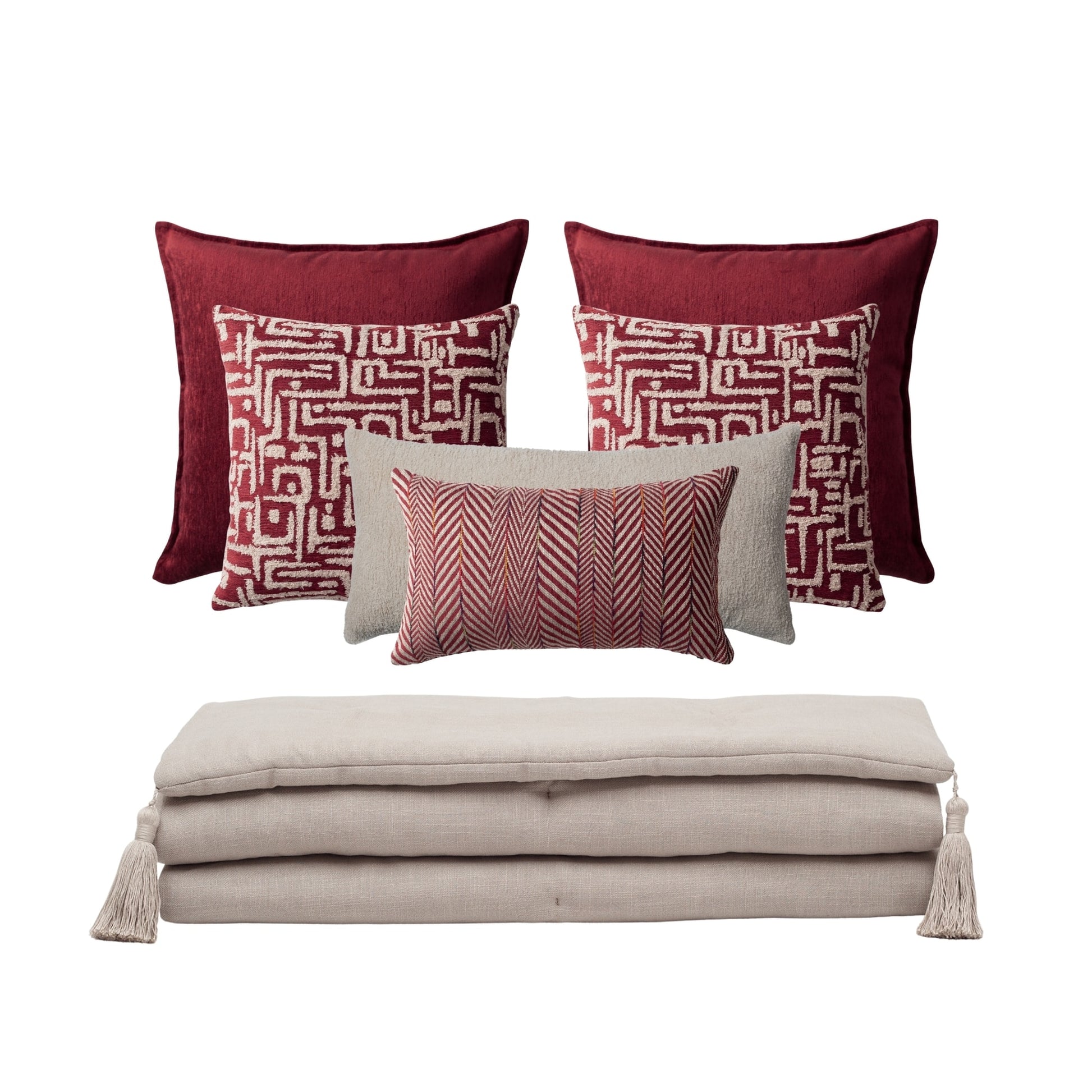 " Loom " Keten Püsküllü Yatak Runner + 6 Yastıklı Set - Bordo Kırlent Set