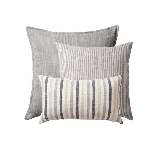 " StripeOnStripe " - Dekoratif Yastık- 3'lü Kombin Set - Gri & Keten Kırlent Set