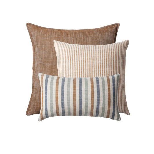 " StripeOnStripe " - Dekoratif Yastık- 3'lü Kombin Set - Hardal & Keten Kırlent Set