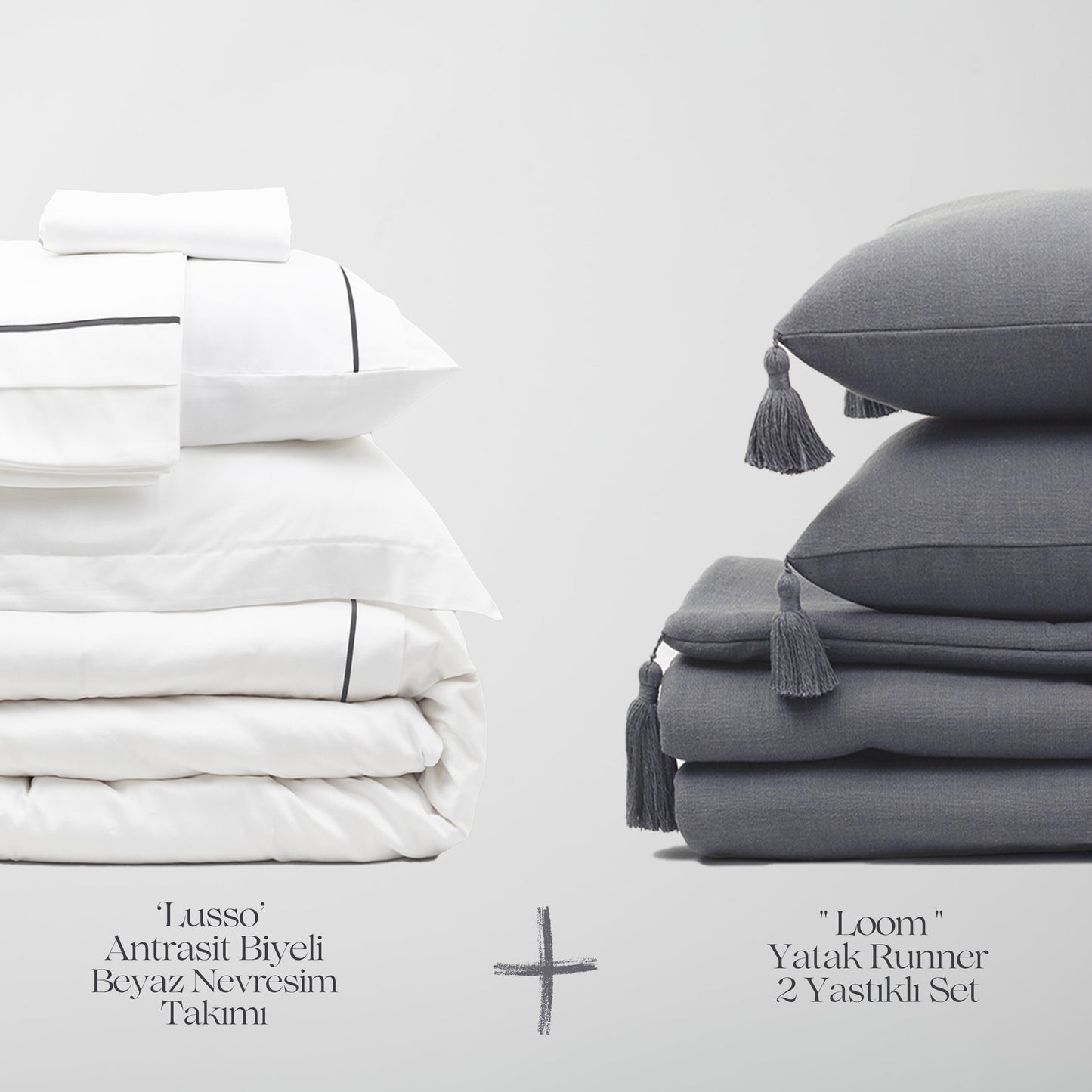 " Lusso & Loom " Nevresim Takımı + Runner 2 Yastıklı Set - Koyu Gri Yatak Grubu