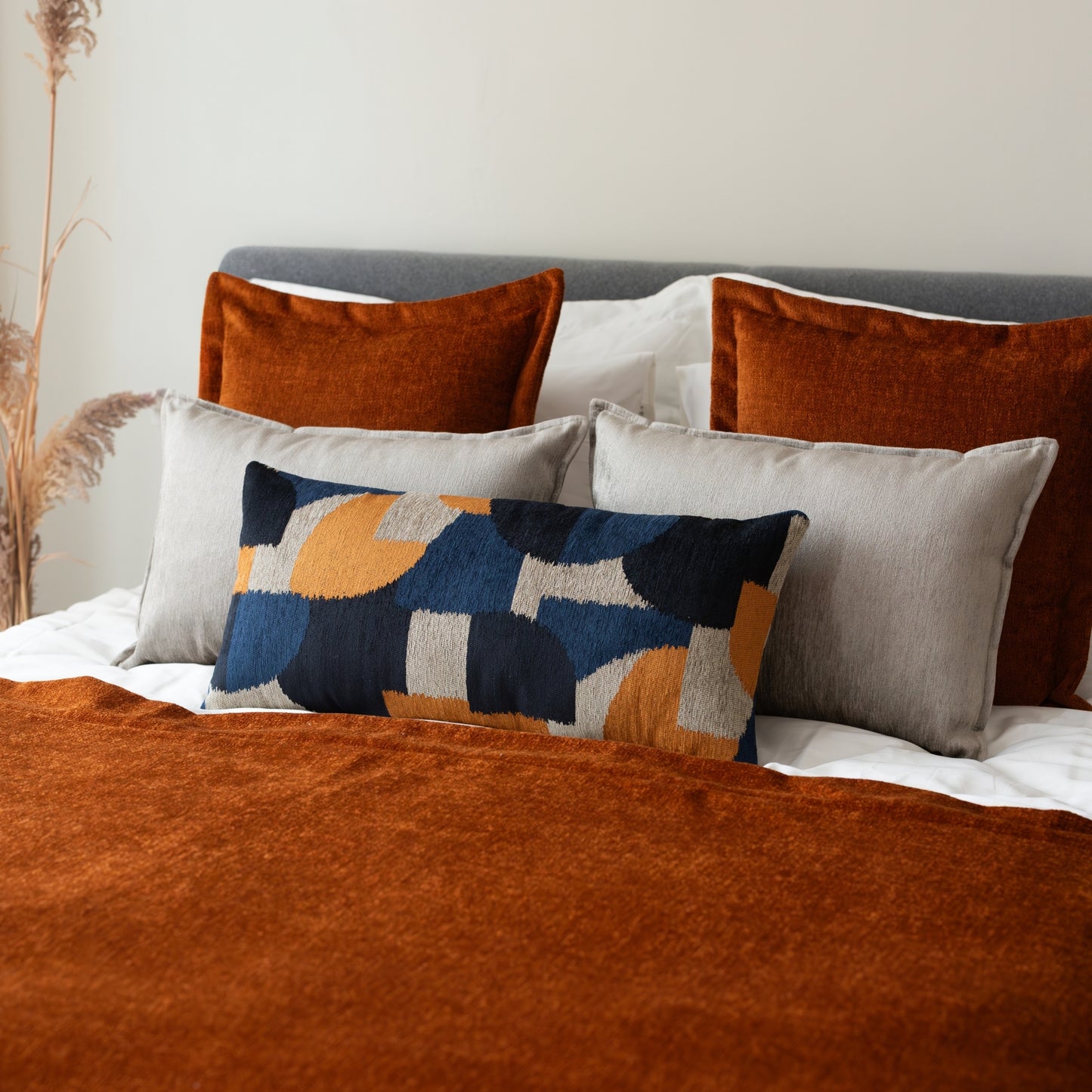 Borla & Otto- 5'li Kırlent ve Geniş Yatak Runner Set - Kiremit Turuncu