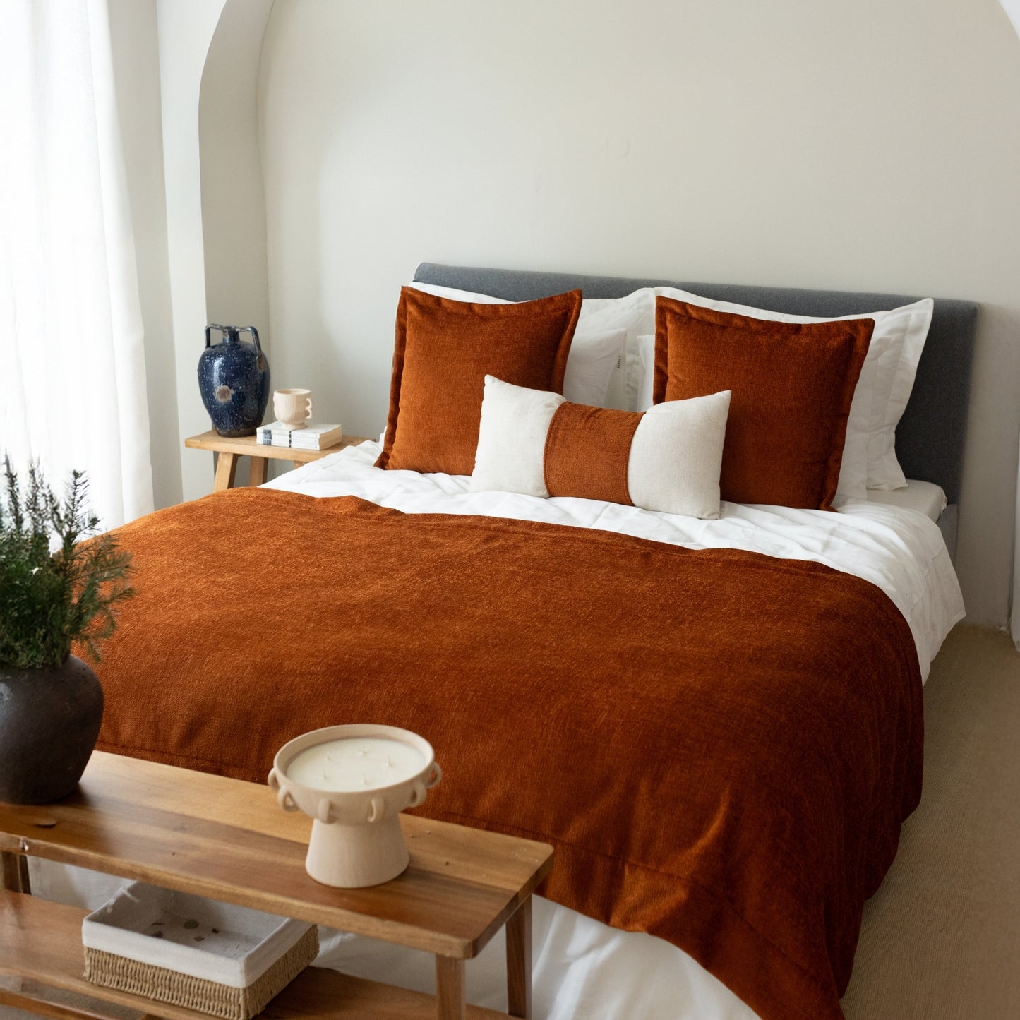 Borla & Belt - 3'lü Kırlent ve Geniş Yatak Runner Set - Kiremit Turuncu