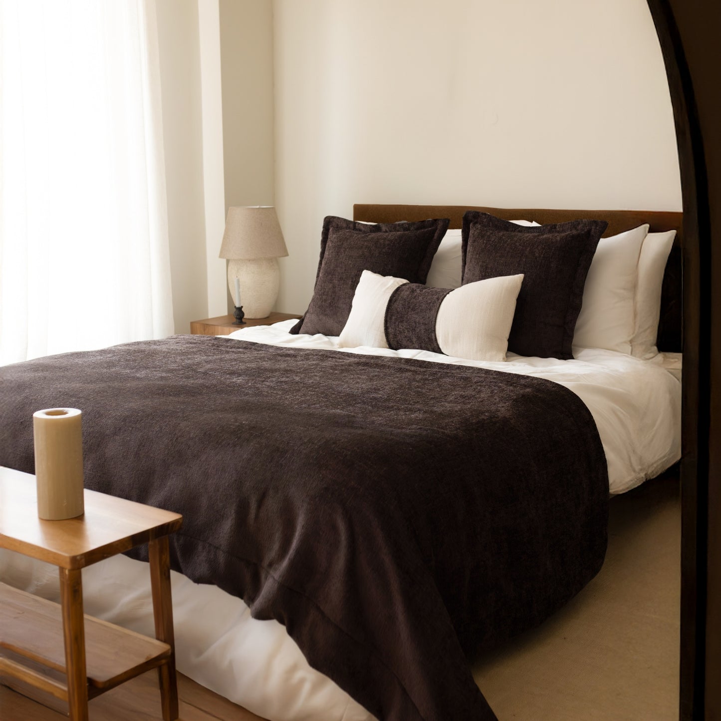 Borla & Belt - 3'lü Kırlent ve Geniş Yatak Runner Set - Koyu Kahve