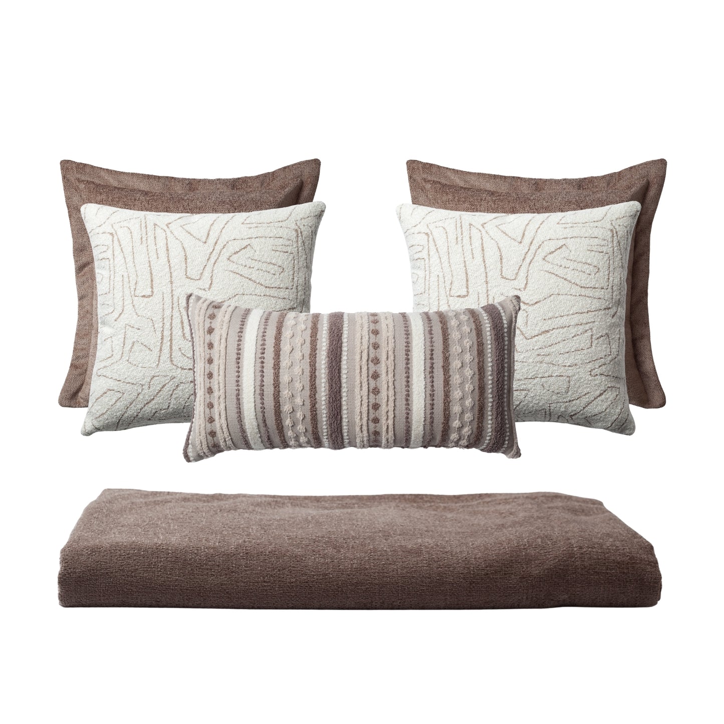 Borla & Amorf - 5'li Kırlent ve Geniş Yatak Runner Set - Sütlü Kahve