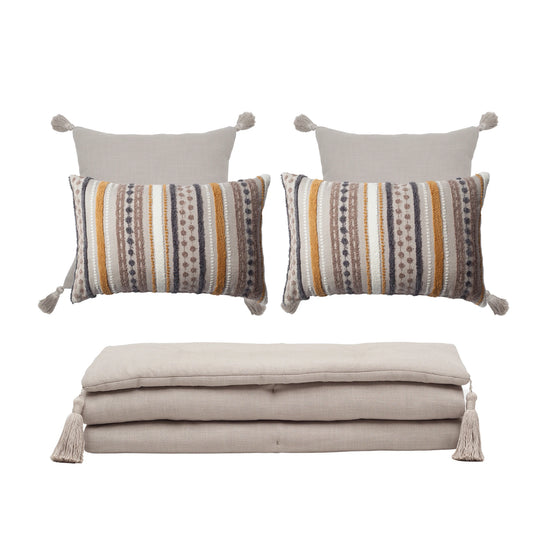 Loom Keten Püsküllü Yatak Runner + 4 Yastıklı Set Nomad