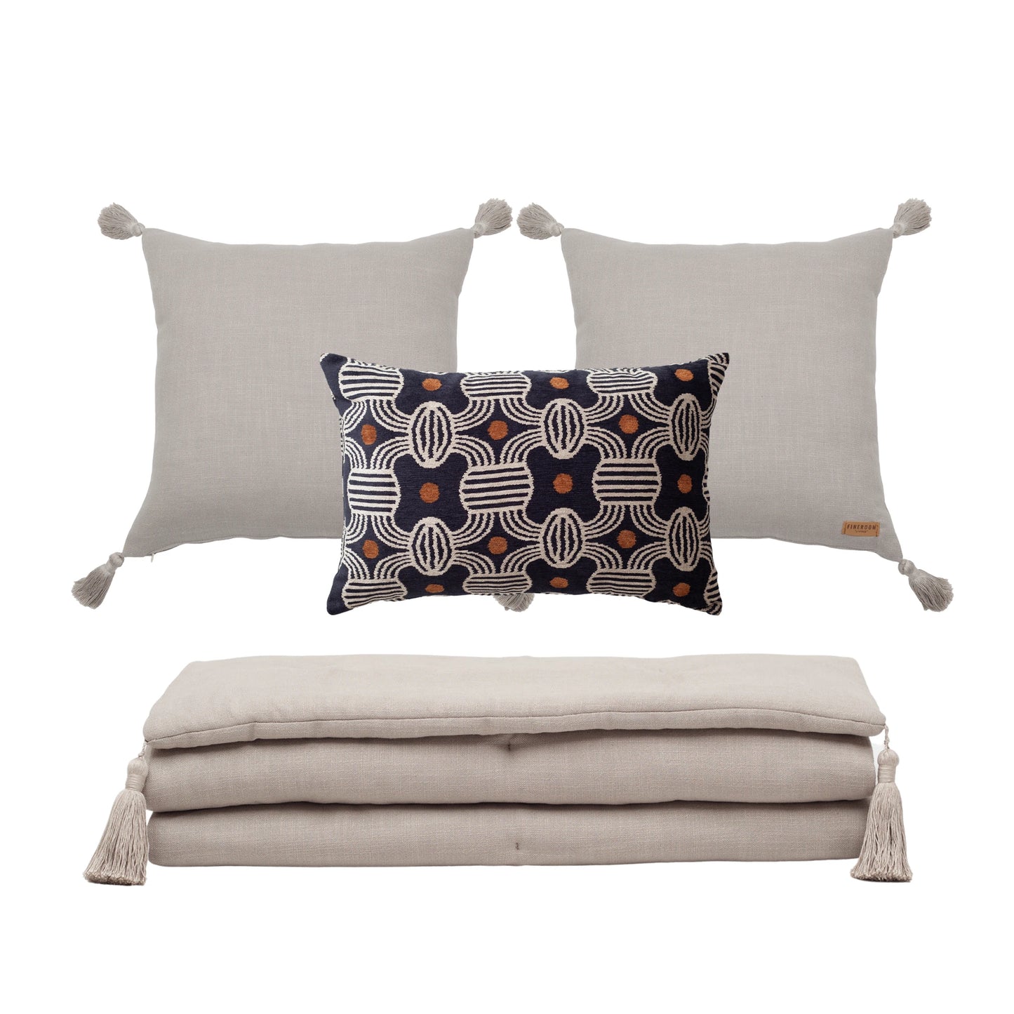 Obika & Loom Keten Püsküllü Yatak Runner + 3 Yastıklı Set