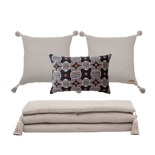 Obika & Loom Keten Püsküllü Yatak Runner + 3 Yastıklı Set