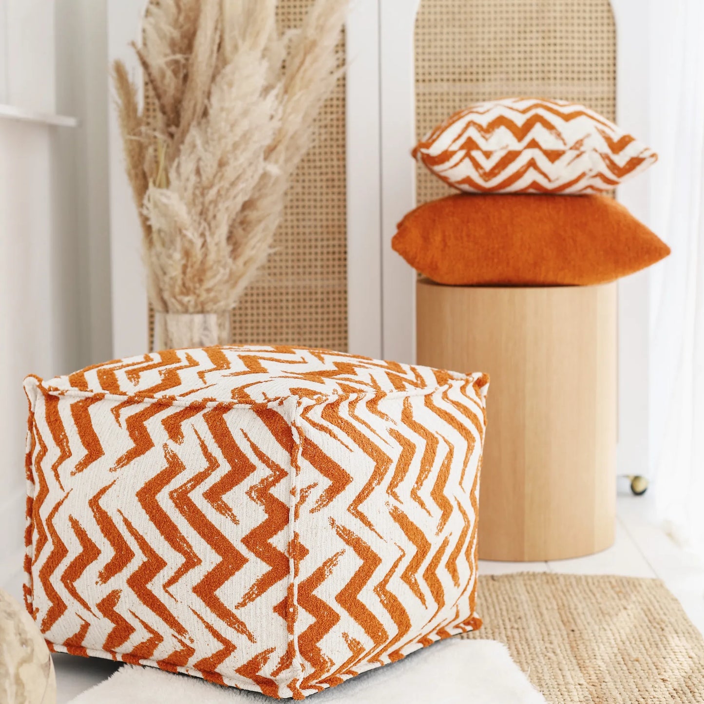 Havana Puf - Zigzag Desenli Puf - Turuncu