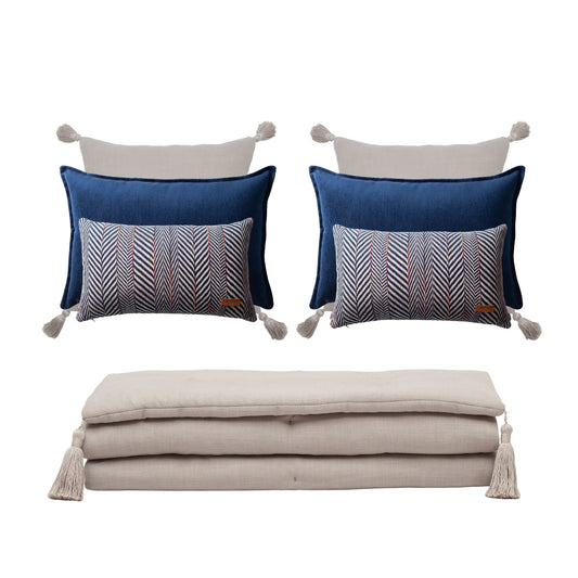 " Loom " Keten Püsküllü Yatak Runner + 6 Yastıklı Set Eliza Sense - Lacivert Kırlent Set