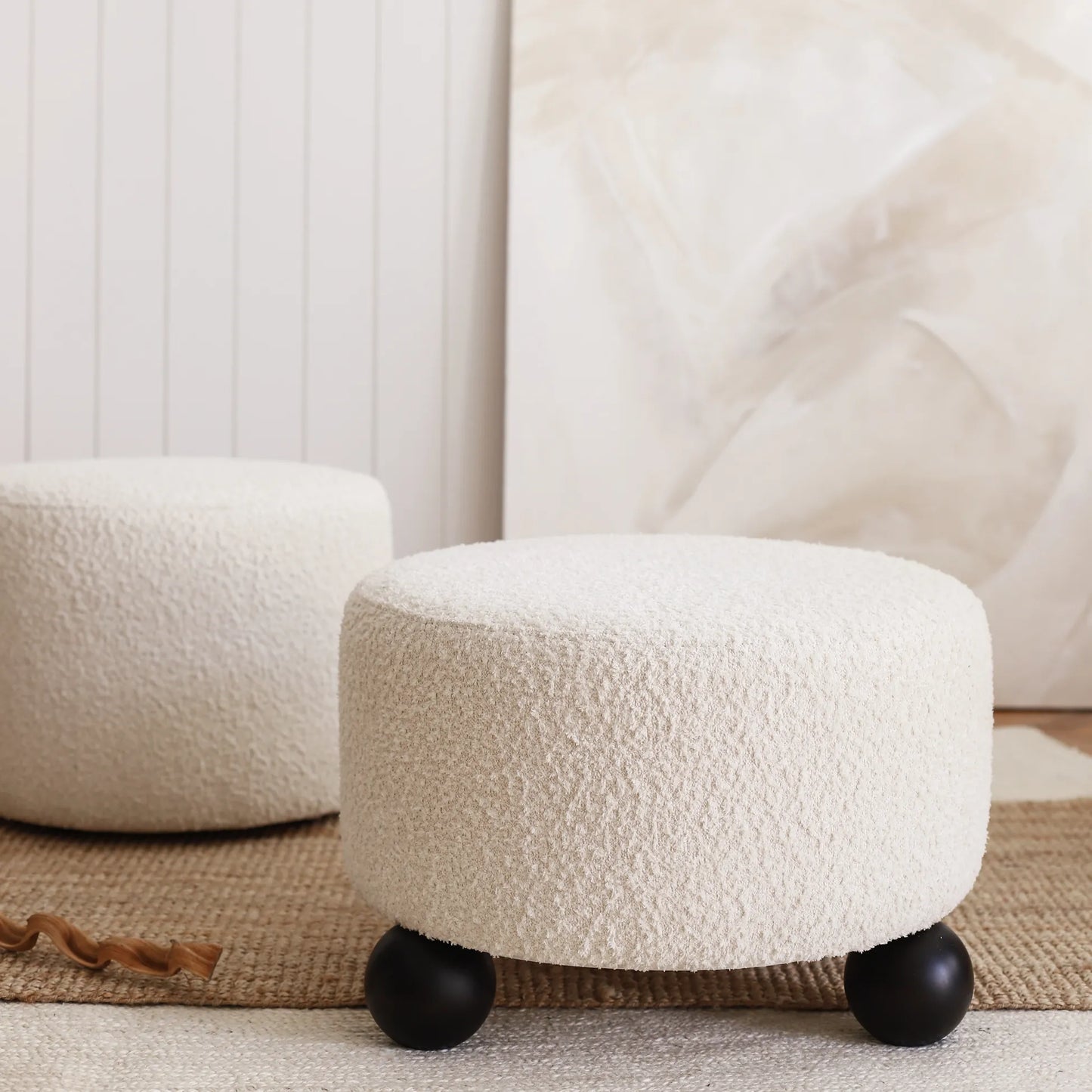 Pop - Puf - Ahşap Ayaklı Yuvarlak Puf - Beyaz