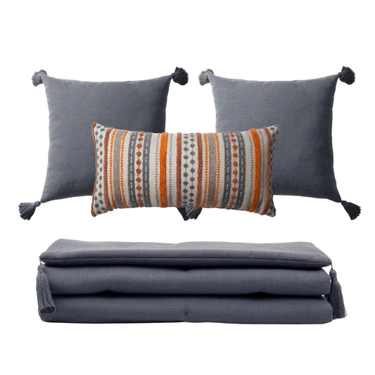 Loom Keten Püsküllü Yatak Runner + 3 Yastıklı Turuncu Nomad - Koyu Gri