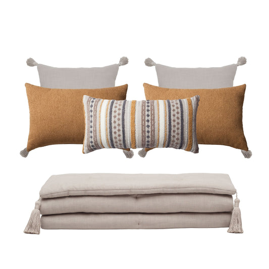 " Loom " Keten Püsküllü Yatak Runner + 5 Yastıklı Set Nomad Julia - Hardal Kırlent Set