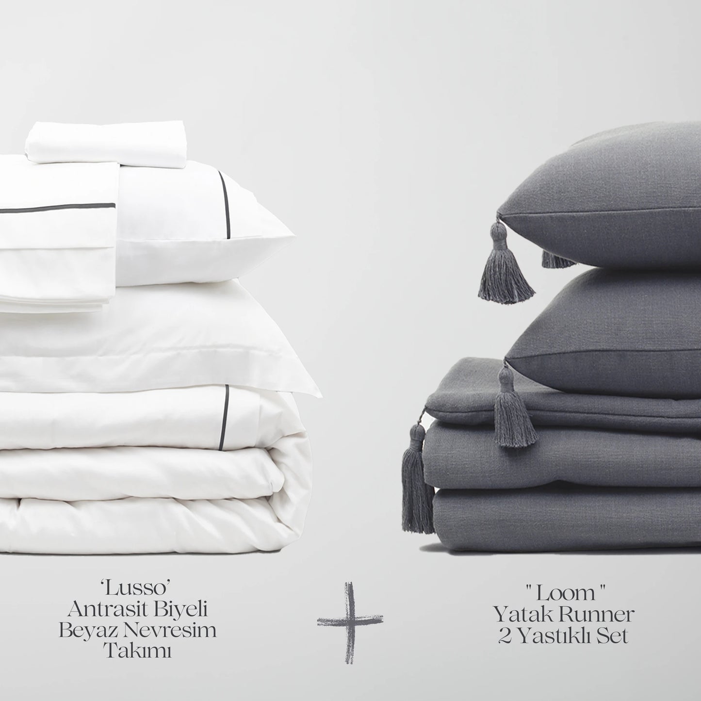 Lusso & Loom Nevresim Takımı + Runner 2 Yastıklı Set - Koyu Gri