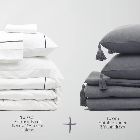 Lusso & Loom Nevresim Takımı + Runner 2 Yastıklı Set - Koyu Gri