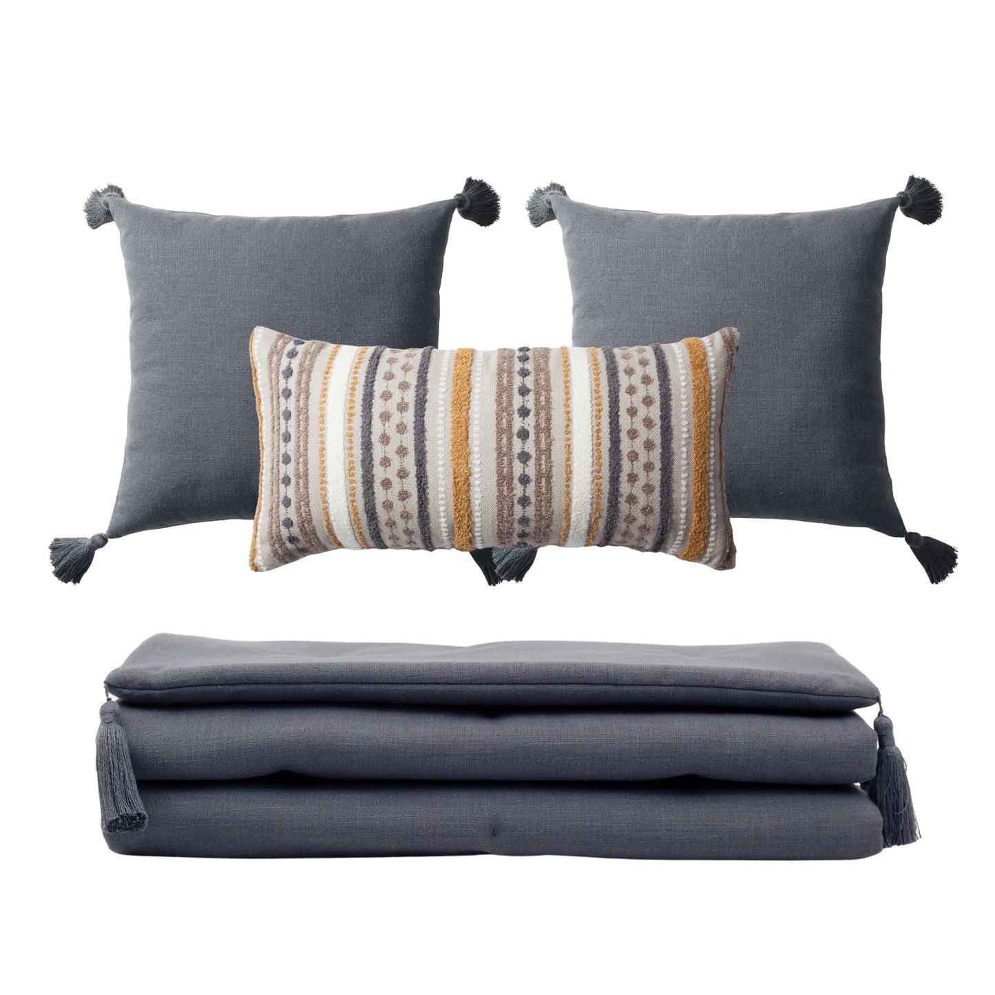 Loom Keten Püsküllü Yatak Runner + 3 Yastıklı Hardal Nomad - Koyu Gri