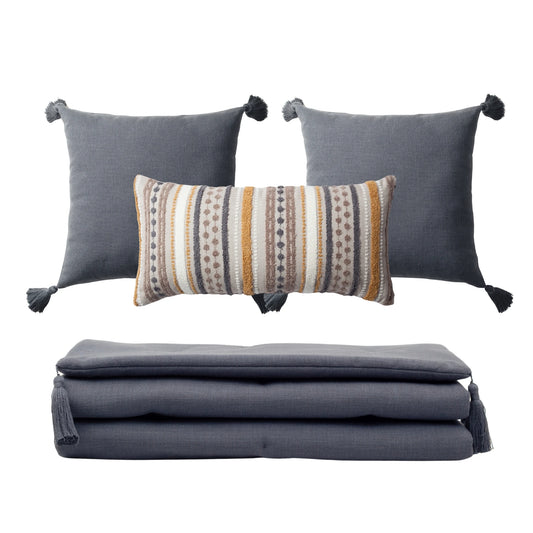 Loom Keten Püsküllü Yatak Runner + 3 Yastıklı Hardal Nomad - Koyu Gri