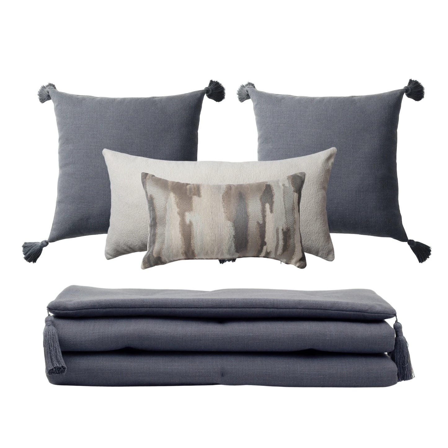 Loom Keten Püsküllü Yatak Runner + 4 Yastıklı Set Pastel - Koyu Gri
