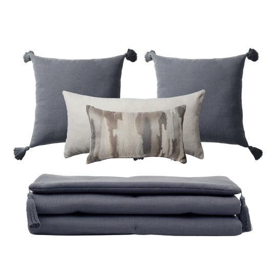 Loom Keten Püsküllü Yatak Runner + 4 Yastıklı Set Pastel - Koyu Gri