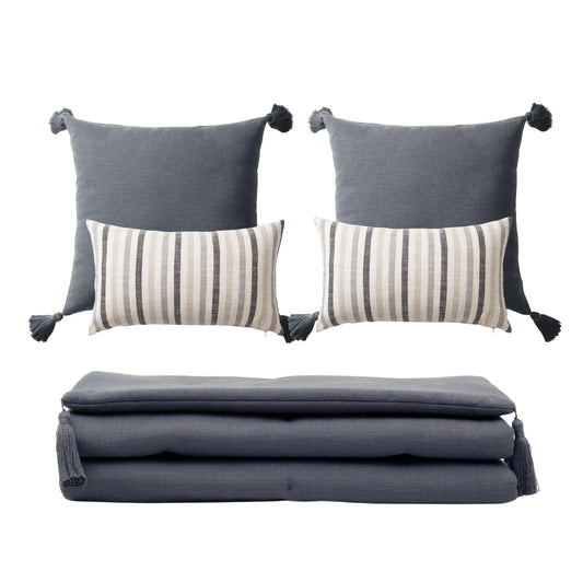 Loom Keten Püsküllü Yatak Runner + 4 Yastıklı Set Capri - Antrasit