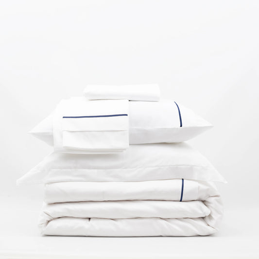 Lusso %100 Pamuk Çift Kişilik Lacivert Biyeli Beyaz Nevresim Takımı