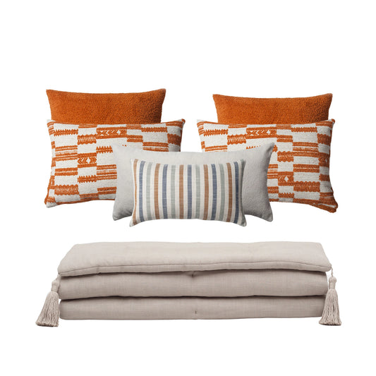 Loom Keten Püsküllü Yatak Runner + 6 Yastıklı Set Surya Capri - Turuncu
