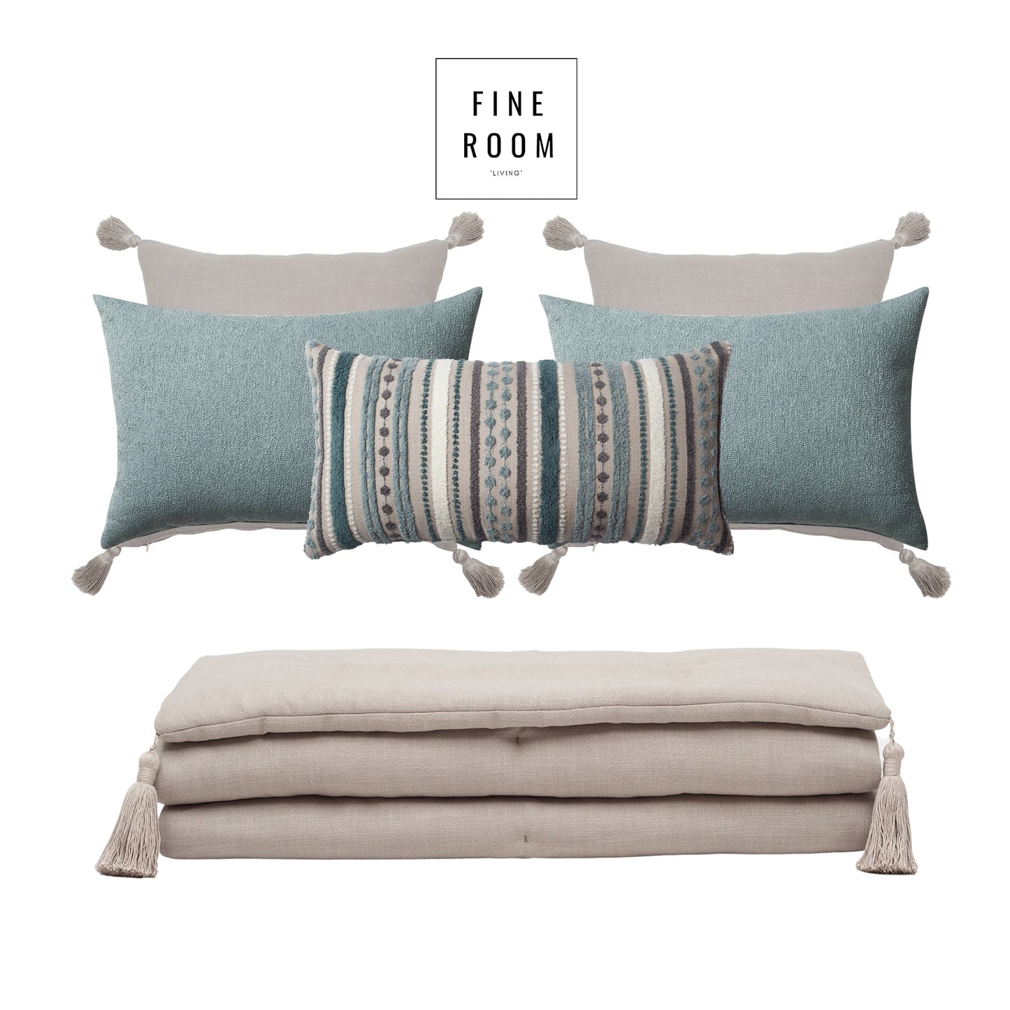Loom Keten Püsküllü Yatak Runner + 5 Yastıklı Set Nomad Julia - Mavi