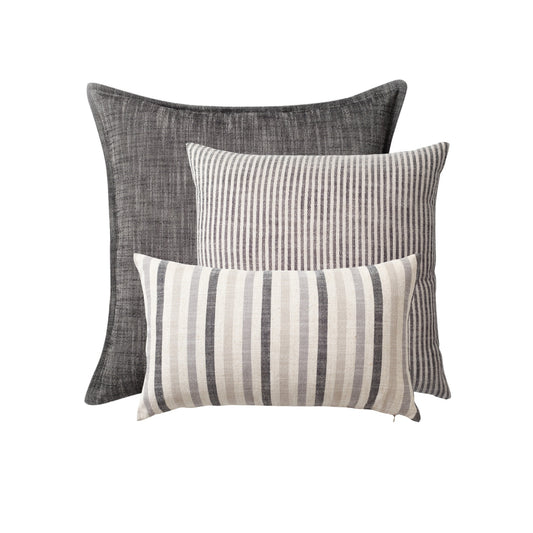 " StripeOnStripe " - Dekoratif Yastık- 3'lü Kombin Set - Siyah & Keten Kırlent Set