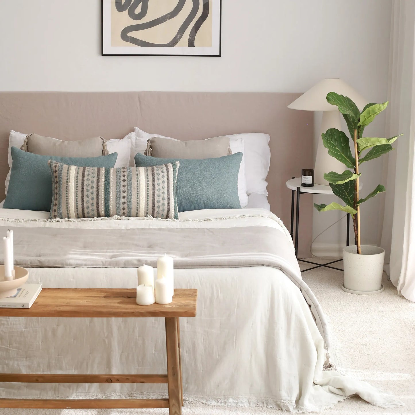 Loom Keten Püsküllü Yatak Runner + 5 Yastıklı Set Nomad Julia - Mavi