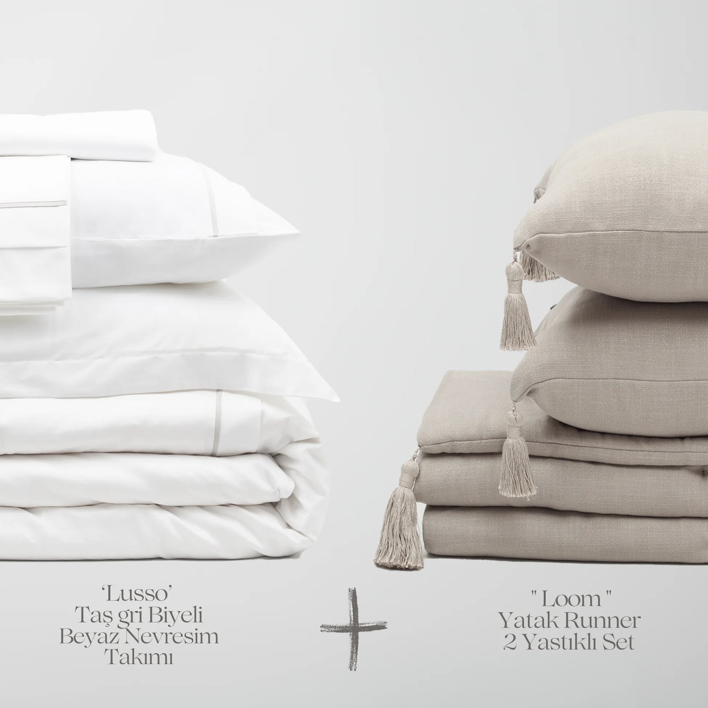Lusso & Loom Nevresim Takımı + Runner 2 Yastıklı Set - Taş